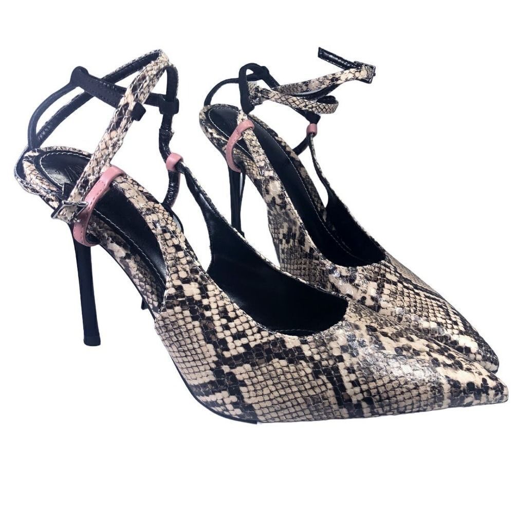 Zara Pointy Stiletto Pumps Size 8 SnakeSkin Print Beige Brown Black Strappy Heel